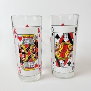 Playing Card Highball Glasses Italy set of 2 King Hearts Queen Clubs 2pc 4382